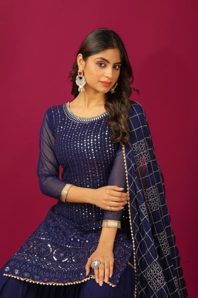 Premium Faux Georgette Sharara Set with 5mm Sequins Embroidery   Four Side Lace Dupatta Perfect Wedding   Festive Wear for Women Ready To Wear Collection