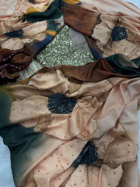 Premium Floral Printed Satin Crepe Saree with Pearl Handwork and Banglori Sequin Blouse Bollywood Fancy Sarees Wholesale