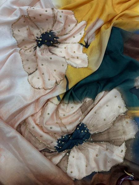 Premium Floral Printed Satin Crepe Saree with Pearl Handwork and Banglori Sequin Blouse Bollywood Fancy Sarees Wholesale