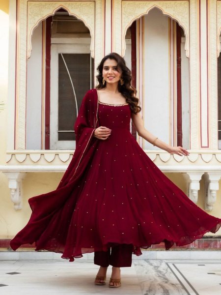 Premium Fox Georgette Anarkali Gown with Gold Handwork and Dupatta for Women Wedding Wear Kurtis