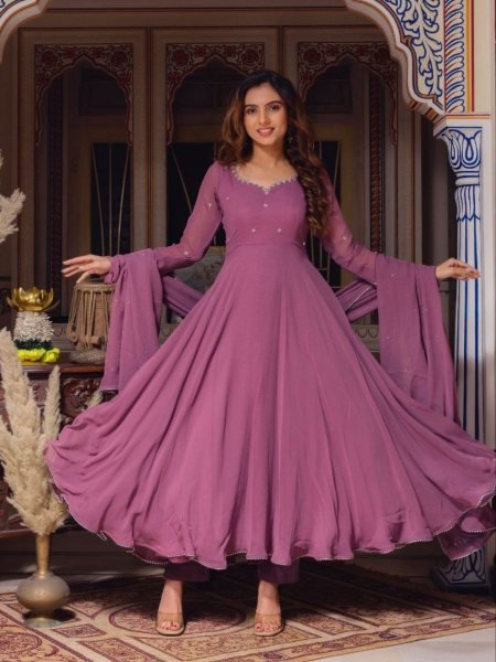 Premium Fox Georgette Anarkali Gown with Beads Handwork and with Matching Dupatta for Women Kurtis