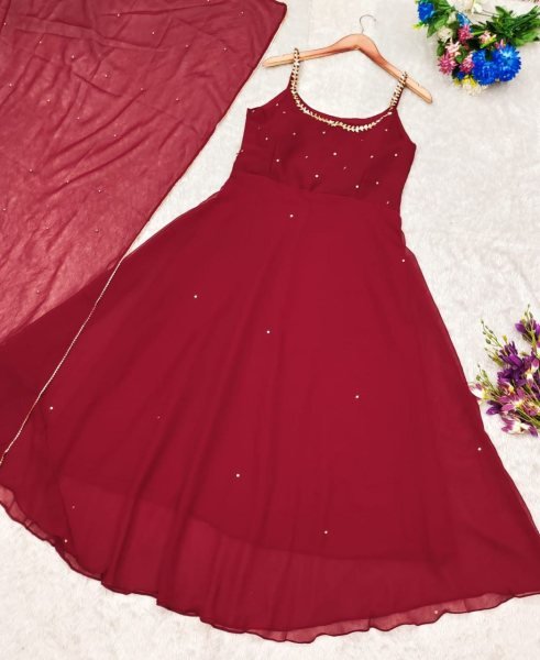 Premium Fox Georgette Anarkali Gown with Gold Handwork and Dupatta for Women Wedding Wear Georgette Kurti 