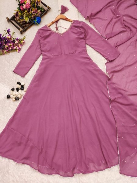 Premium Fox Georgette Anarkali Gown with Beads Handwork and with Matching Dupatta for Women Anarkali Kurtis 