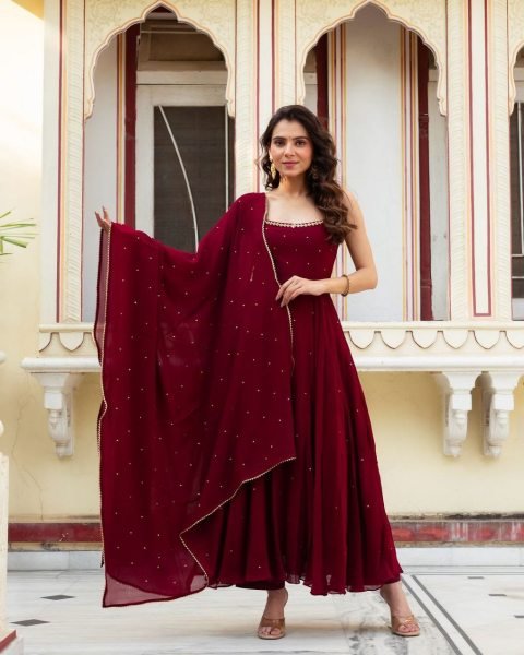Premium Fox Georgette Anarkali Gown with Gold Handwork and Dupatta for Women Wedding Wear Georgette Kurti 