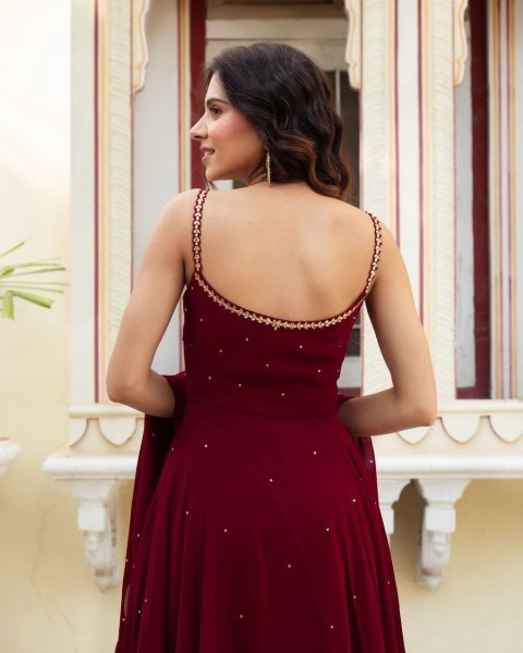 Premium Fox Georgette Anarkali Gown with Gold Handwork and Dupatta for Women Wedding Wear Georgette Kurti 