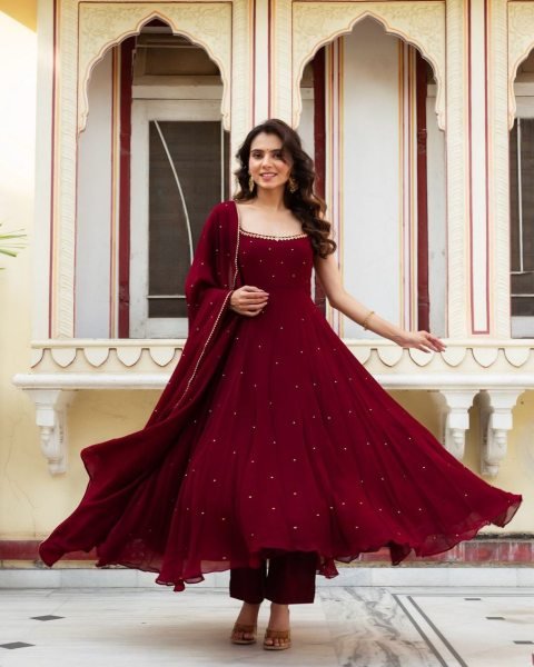 Premium Fox Georgette Anarkali Gown with Gold Handwork and Dupatta for Women Wedding Wear Georgette Kurti 