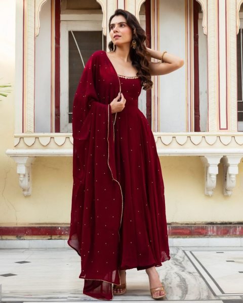 Premium Fox Georgette Anarkali Gown with Gold Handwork and Dupatta for Women Wedding Wear Georgette Kurti 