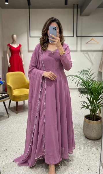 Premium Fox Georgette Anarkali Gown with Beads Handwork and with Matching Dupatta for Women Anarkali Kurtis 