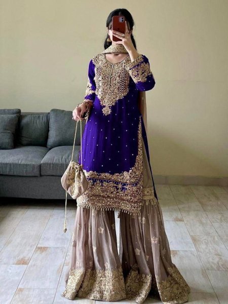 Premium Fox Georgette Party Wear Suit  Set with Sharara   Dupatta   Stunning Embroidery   Sequins  Mirror   Lace Detailing