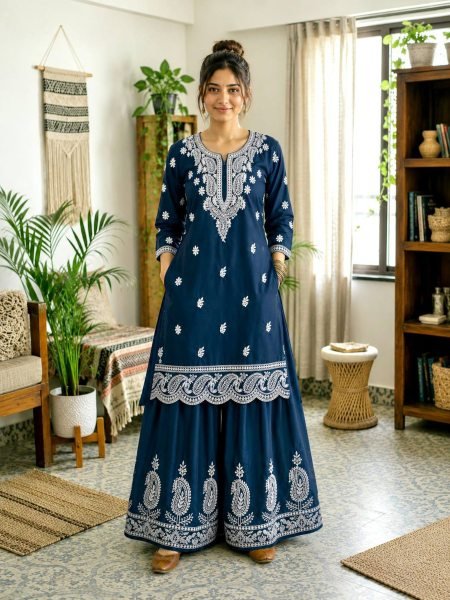 Premium French Crepe Silk Embroidered Kurti Plazzo Set for Women Ready To Wear Suit