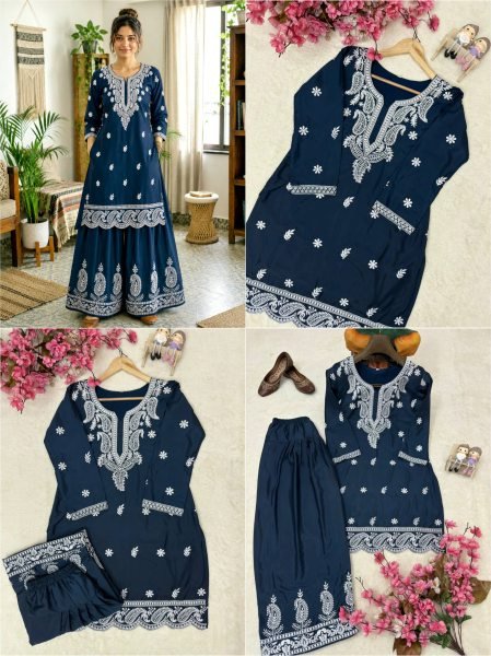 Premium French Crepe Silk Embroidered Kurti Plazzo Set for Women Ready To Wear Collection