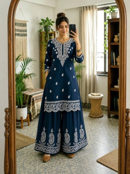 Premium French Crepe Silk Embroidered Kurti Plazzo Set for Women Ready To Wear Collection