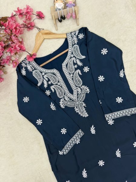 Premium French Crepe Silk Embroidered Kurti Plazzo Set for Women Ready To Wear Collection