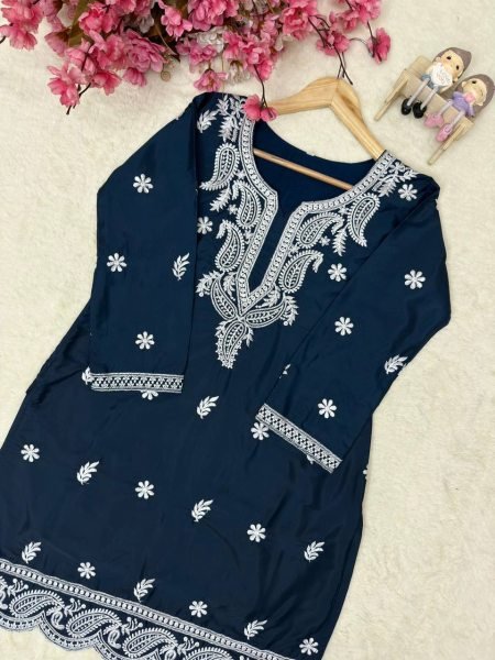 Premium French Crepe Silk Embroidered Kurti Plazzo Set for Women Ready To Wear Collection
