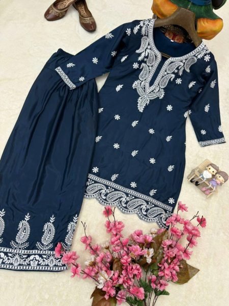 Premium French Crepe Silk Embroidered Kurti Plazzo Set for Women Ready To Wear Collection