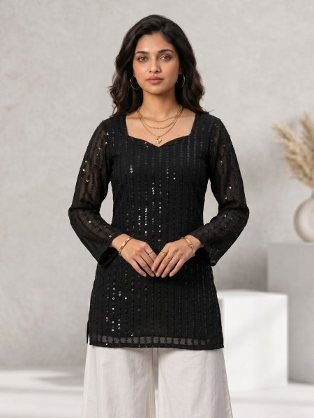 Premium Georgette Black Tunic With beautiful sequence work for Women's casual Wear Kurtis