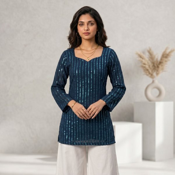 Premium Georgette Black Tunic With beautiful sequence work for Women's casual Wear Full Set Kurti