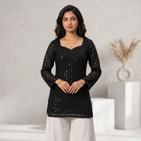Premium Georgette Black Tunic With beautiful sequence work for Women's casual Wear Full Set Kurti