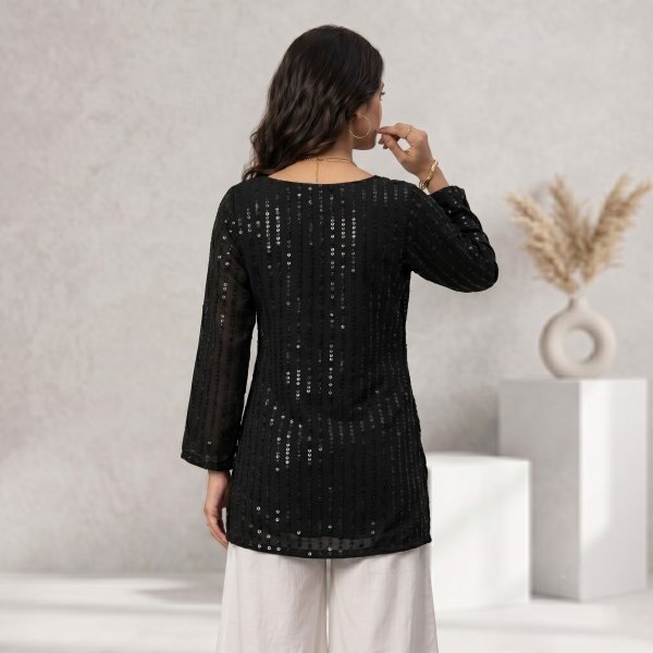 Premium Georgette Black Tunic With beautiful sequence work for Women's casual Wear Full Set Kurti