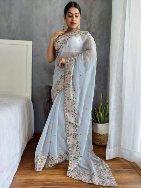 Premium Gold Tone Dilruba Silk Saree with Floral Work Great for Wedding Gifting Embroidery Sarees Wholesale
