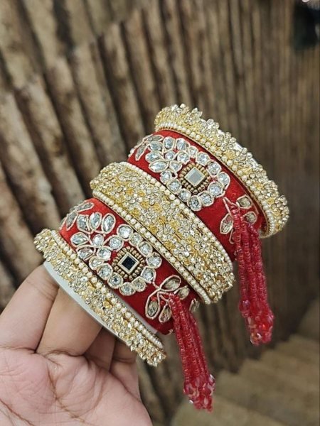 Premium Gotta Patti Golden Stone Moti Bangles Set for Women 