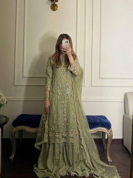 Premium Green Boutique Style Heavy Faux Georgette Top Palazzo Set with Rivet Moti and Fancy Latkan Work Ready To Wear Suit