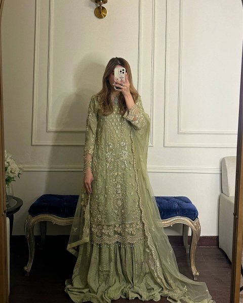 Premium Green Boutique Style Heavy Faux Georgette Top Palazzo Set with Rivet Moti and Fancy Latkan Work Ready To Wear Collection