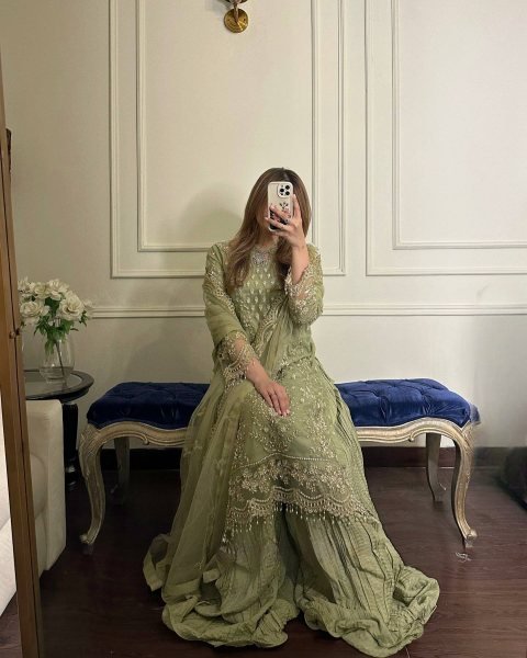 Premium Green Boutique Style Heavy Faux Georgette Top Palazzo Set with Rivet Moti and Fancy Latkan Work Ready To Wear Collection