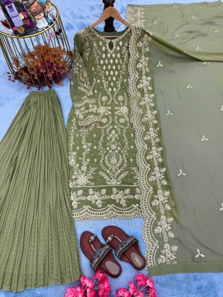 Premium Green Boutique Style Heavy Faux Georgette Top Palazzo Set with Rivet Moti and Fancy Latkan Work Ready To Wear Collection