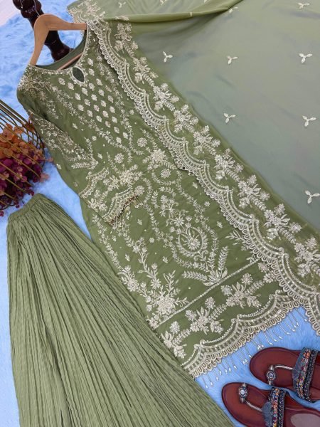 Premium Green Boutique Style Heavy Faux Georgette Top Palazzo Set with Rivet Moti and Fancy Latkan Work Ready To Wear Collection