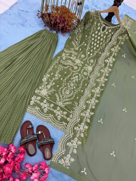 Premium Green Boutique Style Heavy Faux Georgette Top Palazzo Set with Rivet Moti and Fancy Latkan Work Ready To Wear Collection