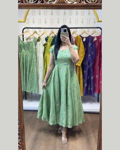 Premium Green Chinnon Silk Embellished Designer Gown with Full Lining for Festive Wear