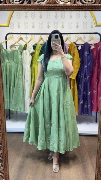 Premium Green Chinnon Silk Embellished Designer Gown with Full Lining for Festive Wear Anarkali Kurtis 