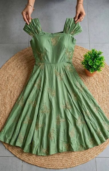 Premium Green Chinnon Silk Embellished Designer Gown with Full Lining for Festive Wear Anarkali Kurtis 