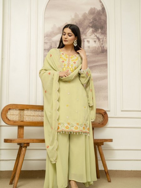 Floral Green Embroidered Georgette Kurta Sharara Set with Dupatta Ready To Wear Suit