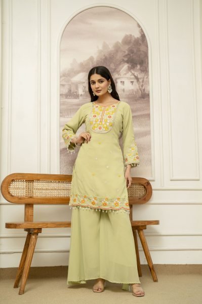 Floral Green Embroidered Georgette Kurta Sharara Set with Dupatta Ready To Wear Collection