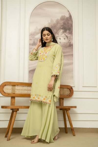 Floral Green Embroidered Georgette Kurta Sharara Set with Dupatta Ready To Wear Collection