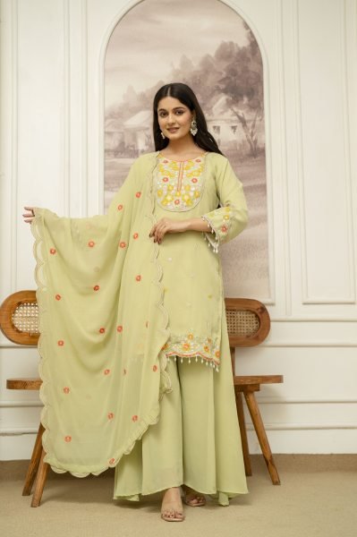 Floral Green Embroidered Georgette Kurta Sharara Set with Dupatta Ready To Wear Collection