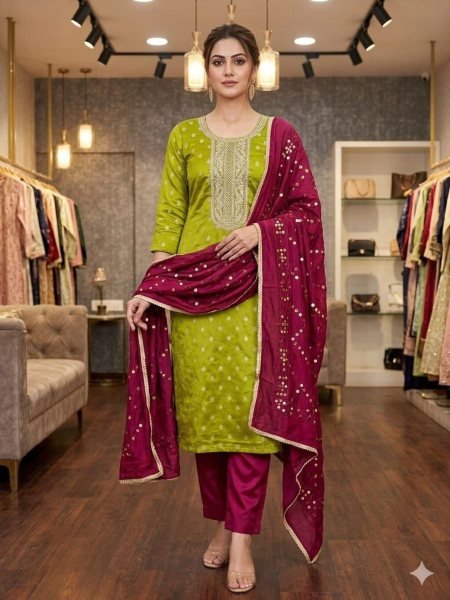 Premium Green Silk Suit Fabric with Heavy Work for Ethnic Wear Punjabi Dress Materials Wholesale