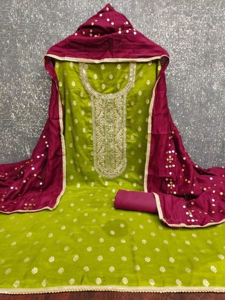 Premium Green Silk Suit Fabric with Heavy Work for Ethnic Wear Punjabi Dress Materials Wholesale