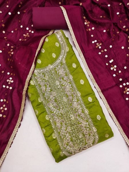 Premium Green Silk Suit Fabric with Heavy Work for Ethnic Wear Punjabi Dress Materials Wholesale