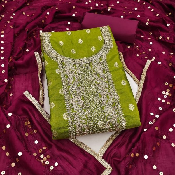 Premium Green Silk Suit Fabric with Heavy Work for Ethnic Wear Punjabi Dress Materials Wholesale