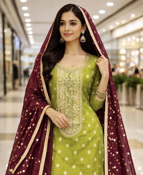 Premium Green Silk Suit Fabric with Heavy Work for Ethnic Wear Punjabi Dress Materials Wholesale