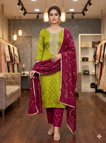 Premium Green Silk Suit Fabric with Heavy Work for Ethnic Wear Punjabi Dress Materials Wholesale
