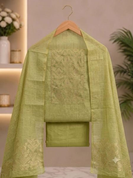 Premium Green South Silk Weaving Jacquard Suit Set with Designer Neck and Daman Dress Material 