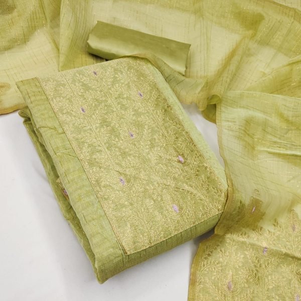 Premium Green South Silk Weaving Jacquard Suit Set with Designer Neck and Daman Color Set Matching Dress Material Wholesale