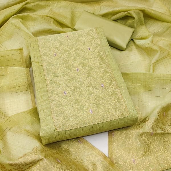 Premium Green South Silk Weaving Jacquard Suit Set with Designer Neck and Daman Color Set Matching Dress Material Wholesale