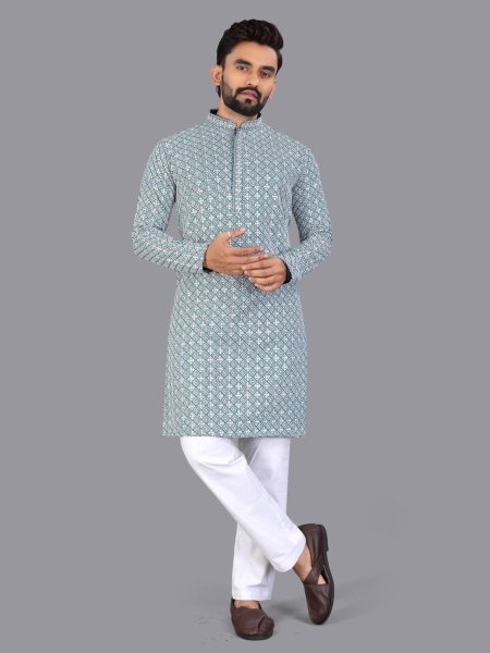 Premium Grey Cotton Chikankari & Matte Sequin Ethnic Suit for Weddings  Mens Wear