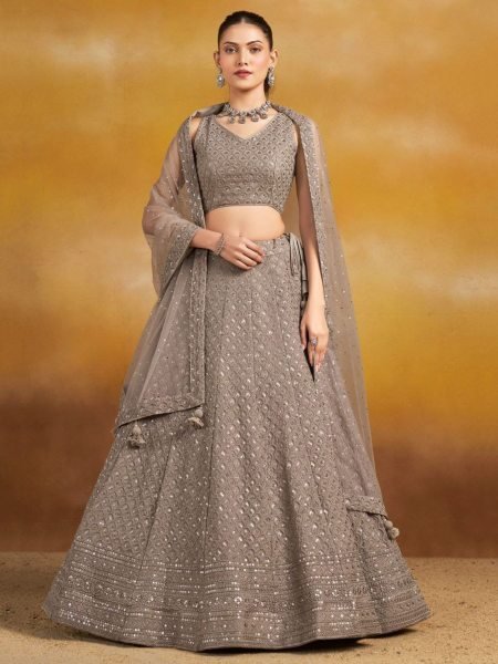 Premium Grey Embroidered Georgette Lehenga Choli Set for Women Wedding  & Reception Wear Net Dupatta Set Reseller Special Offer  Lehenga