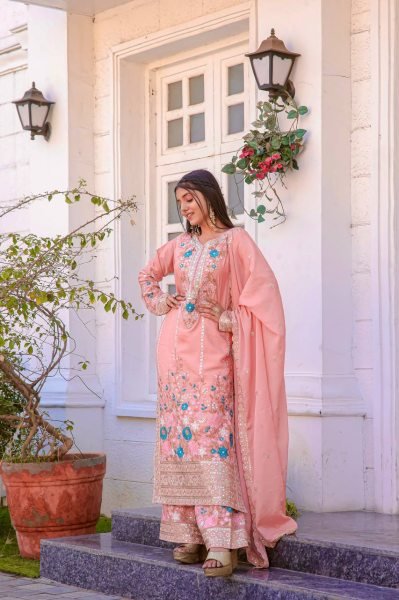 Premium Heavy Chinon Silk Plazzo Suit Set with  Sequins Embroidery, Diamond Handwork, Full-Stitched Top & Palazzo, and Designer Cutwork Dupatta  Ready To Wear Collection